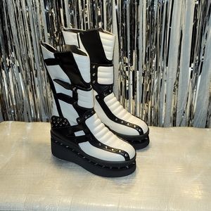 Women's Black and White mid calf  Gothic platform boots